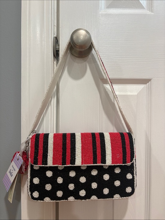 Handbags - Striped & Polka Dot Beaded Shoulder Bag - Black / Red